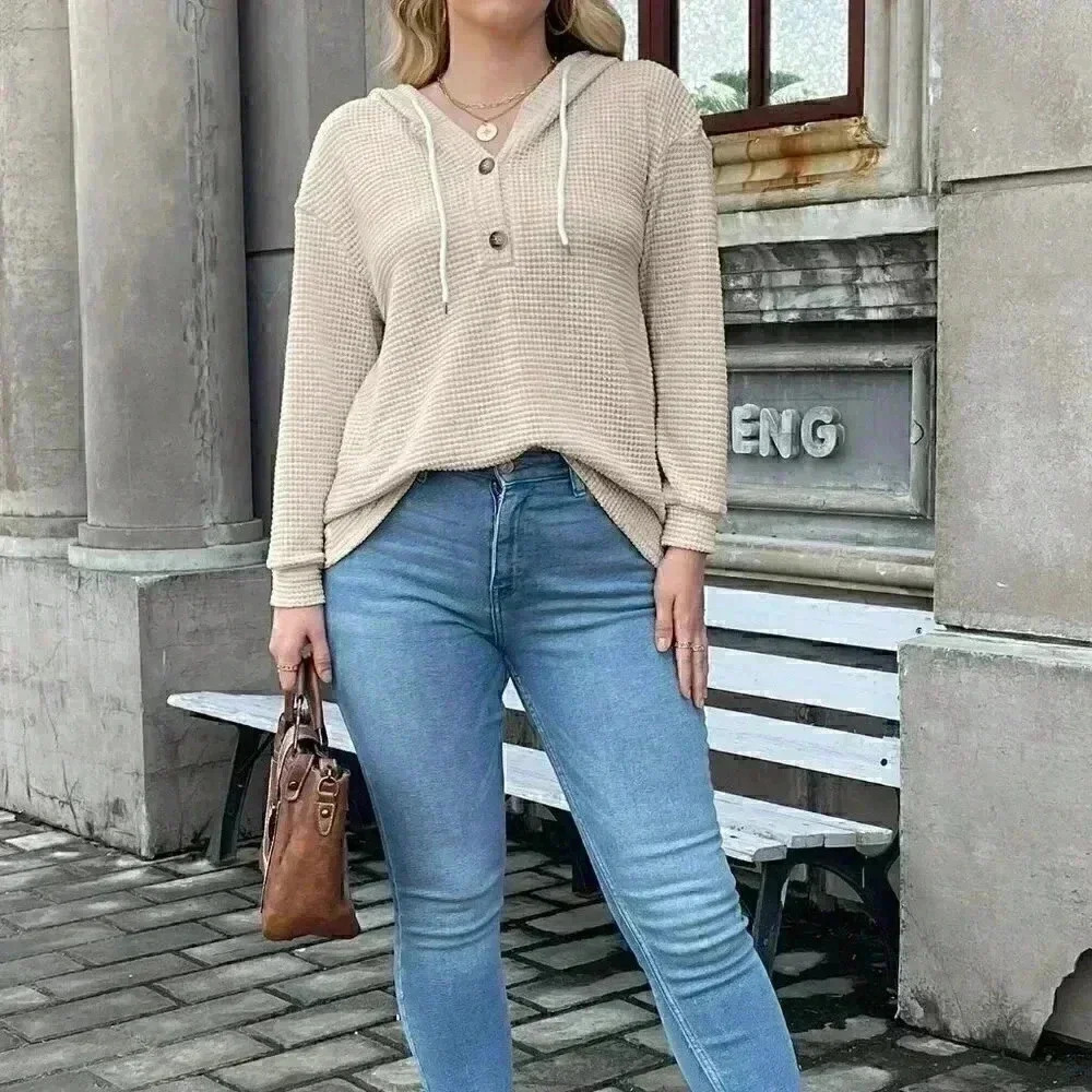 Casual Half Button Drop Shoulder Drawstring Hoodie Apricot